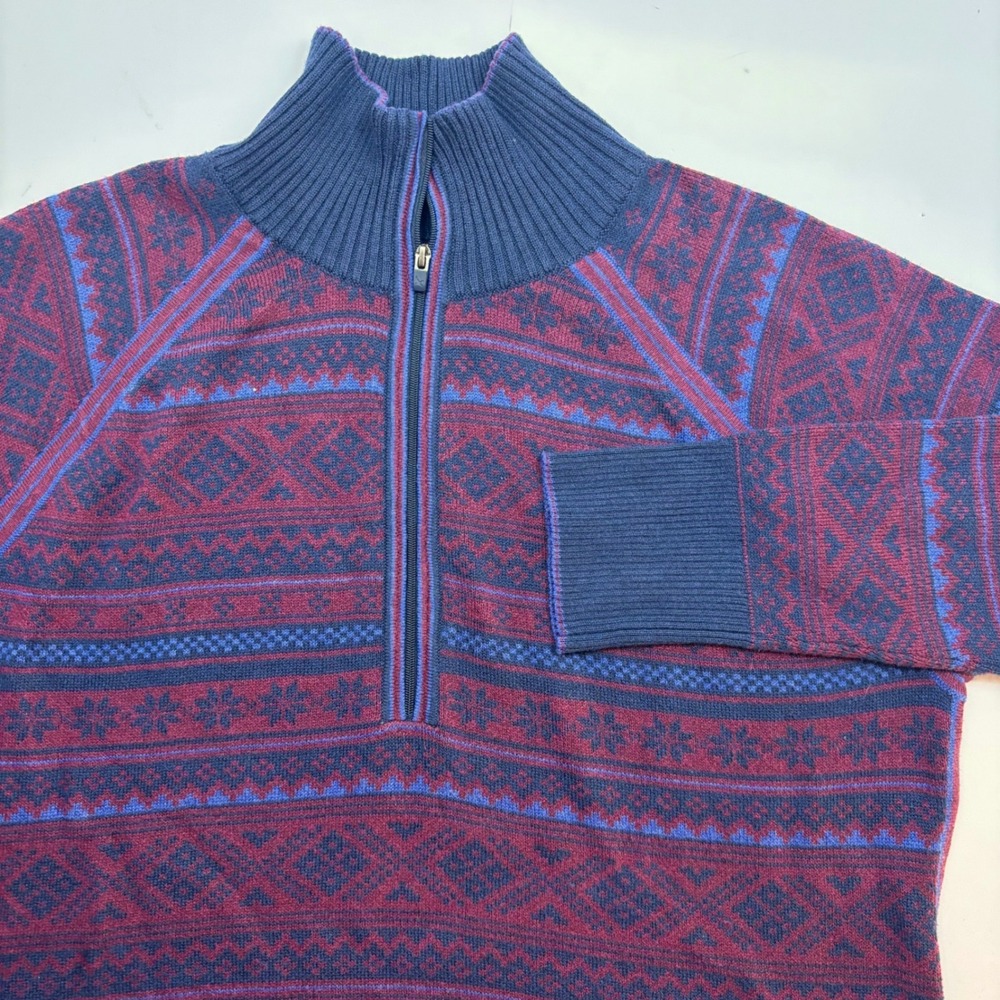 Eagle Mens Quarter Zip Fair Isle Pullover Sweater Burgundy Navy Blue Knit